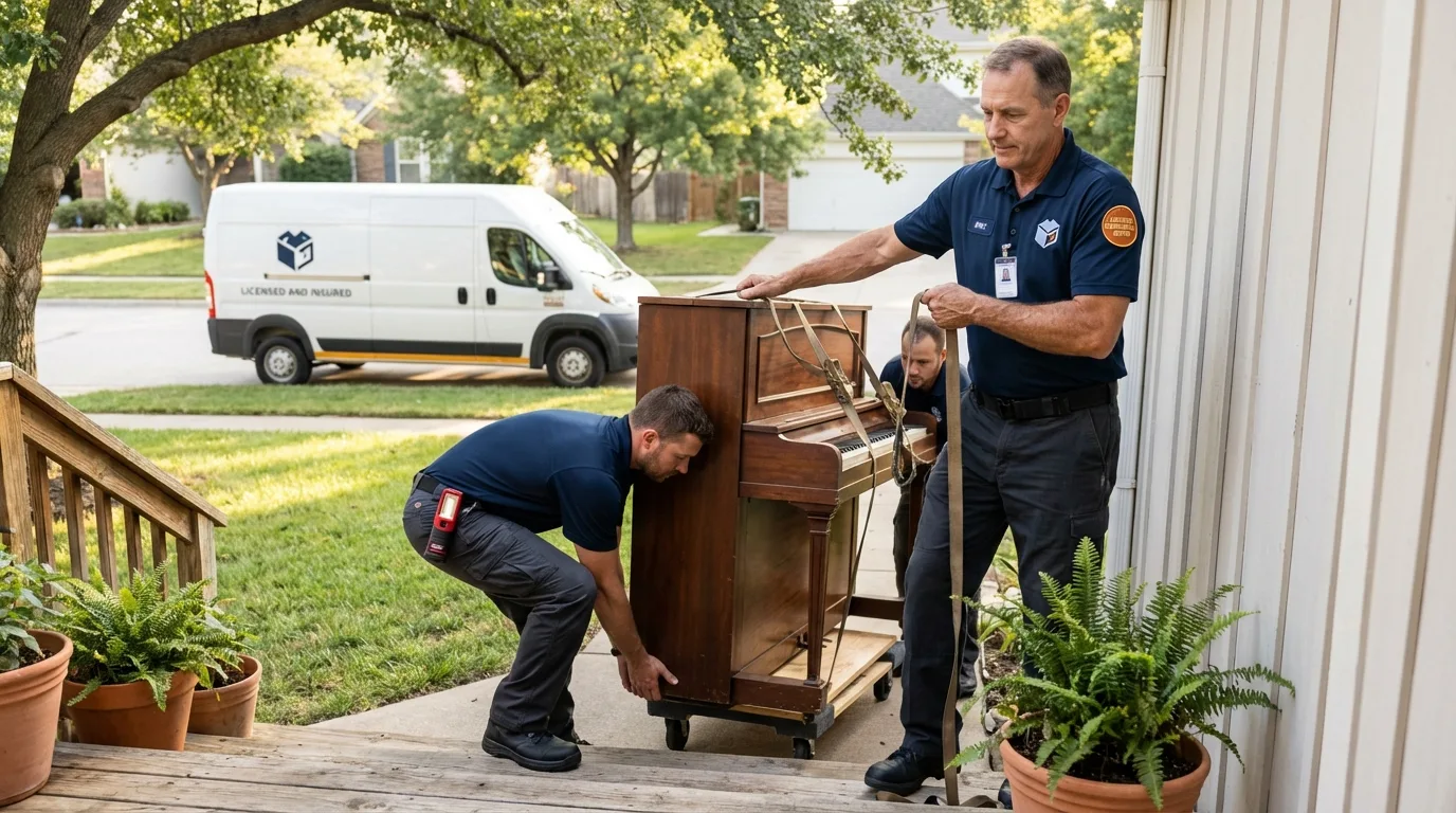 Licensed piano movers securing grand piano in Midland Park, NJ