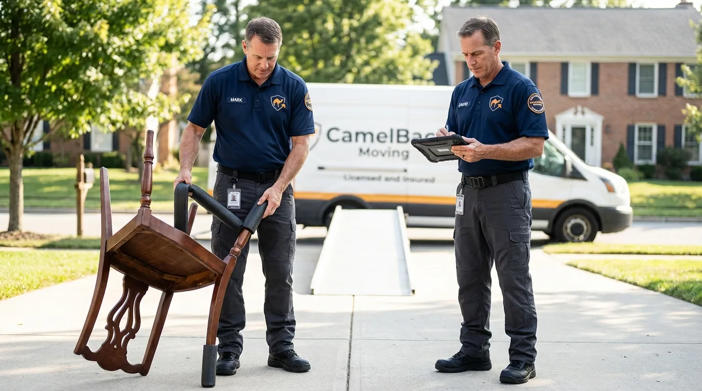 Movers inspecting furniture for damage prevention before loading in Midland Park, NJ