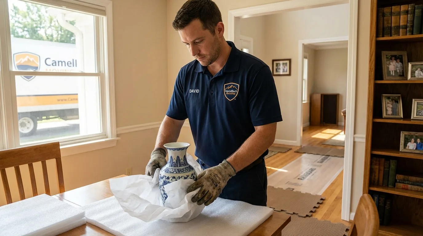 Professional crew carefully wrapping antique vase for senior downsizing move in Midland Park, NJ